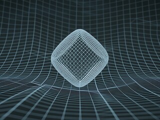 Abstract cube structure warping a grid plane in a dark, futuristic environment