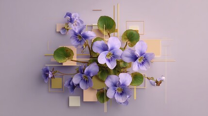 Beautiful arrangement of purple african violet flowers with abstract geometric golden and pale square elements on a soft lavender background, elegant floral composition
