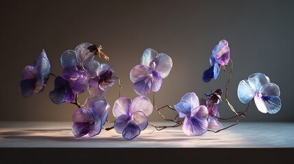 Delicate handmade glass pansy flowers on a thin wire branch, illuminated with soft lighting against a dark, moody background, artistic floral sculpture
