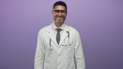 Man in white lab coat wearing stethoscope and visible face posed against purple studio wall;...