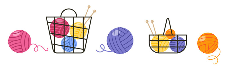 Vector set with yarnwork design elements. Yarn Balls, Basket Organizer, Knitting Needles 
