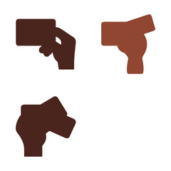 Three silhouetted hand icons in varying shades of brown are seen holding different card-like objects
