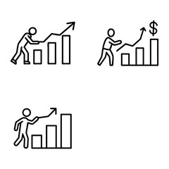 Three simple line drawings depict a person interacting with bar graphs showing upward trends