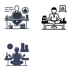 Three minimalist illustrations depict individuals meditating at desks. Top left features a silhouette with a laptop