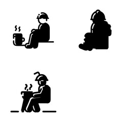 Silhouetted icons of a person in a hard hat sitting next to a steaming beverage. The minimalistic black design
