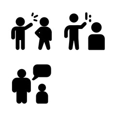 Three black silhouette icons depict interactions between people. The first shows two figures