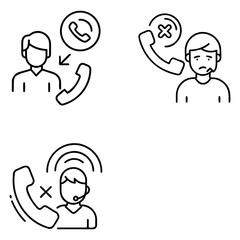 Three simple outline icons depict phone-related scenarios. The first shows a person with a phone and an arrow