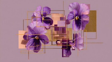 Abstract composition with purple pansy flowers, geometric shapes, and gold accents on a muted mauve background, modern digital art