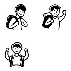 Three simple black and white outline illustrations of young boys with backpacks, each with