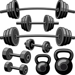 A collection of various dumbbells, barbells, and kettlebells illustrated in bold black fitness equipment style.