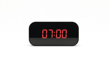 Black digital alarm clock displaying 07:00 with red LED numbers on white background digital clock time