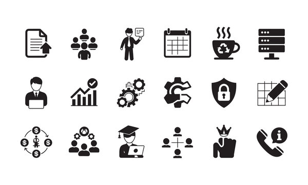 Essential business operations icons covering teamwork data security project management and executive leadership roles