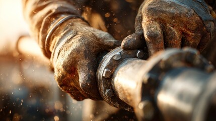 Ultra realistic close up photograph of worker gloved hands with tools construction industry