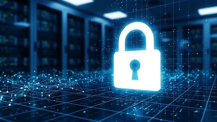 Title: Digital lock on a network grid with server racks in the background representing data