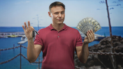 Man holding car keys in one hand and fanning a stack of us dollar bills with the other on a sunny...