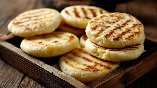 Female hands picking up a freshly grilled colombian or venezuelan arepa from a wooden tray