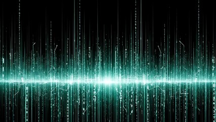 Title: Digital code streams with bright green light beams and falling binary digits on a dark