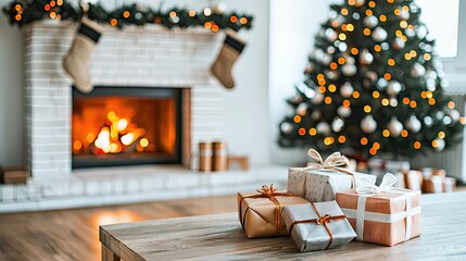Obraz premium Cozy living room decorated for Christmas with a warm fire, festive tree, and beautifully wrapped gifts waiting to be opened