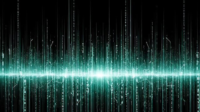 Title: Digital code streams with bright green light beams and falling binary digits on a dark - Powered by Adobe