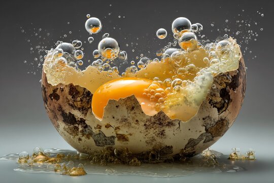 A cracked egg with a vibrant yolk is surrounded by bubbles, creating a striking image.
