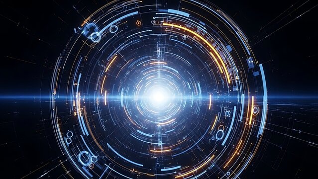 Title: A futuristic digital abstract background with a bright central light and concentric - Powered by Adobe