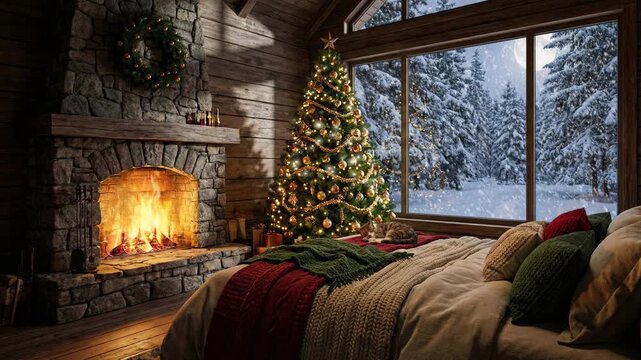 Fire burns in a rustic fireplace with a tree beside a window showing snow outdoors. Looped footage for background.