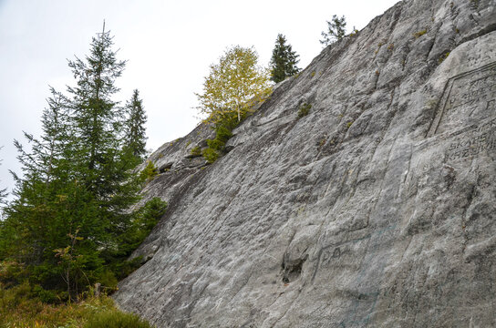 Rugged rock wall of Written Stone rises beside pine and deciduous tree line featuring faint graffiti. Autumn colors tint the scene conveying solitude as natural and urban marks meet on remote hillside