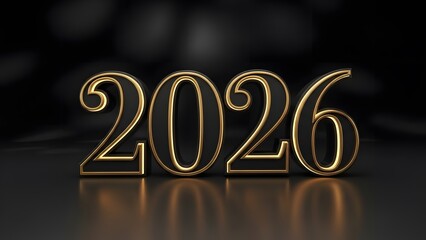 Elegant black and gold three dimensional rendering of the year 2026 standing prominently against a dark sophisticated background setting