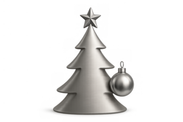 Silver christmas tree decoration with star and bauble ornament, representing holiday season and festive cheer on transparent background
