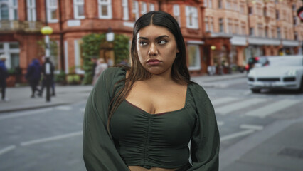 Obraz premium Woman with visible cleavage looking down on a city street crosswalk, hands clasped at waist and subtle shoulder slump; pensive.