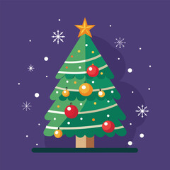 Festive christmas tree illustration with ornaments and falling snowflakes design
