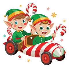 Two cheerful elves ride a candy cane themed car full of holiday spirit