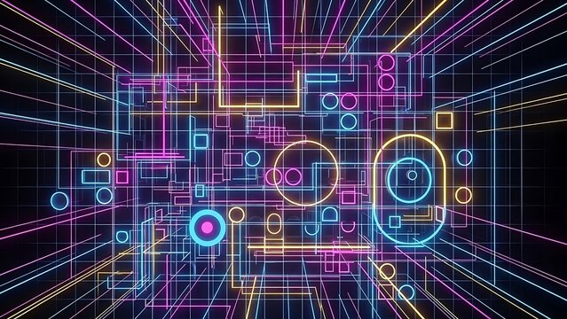 Title: Abstract colorful geometric shapes and lines in a vibrant digital background with neon colors - Powered by Adobe