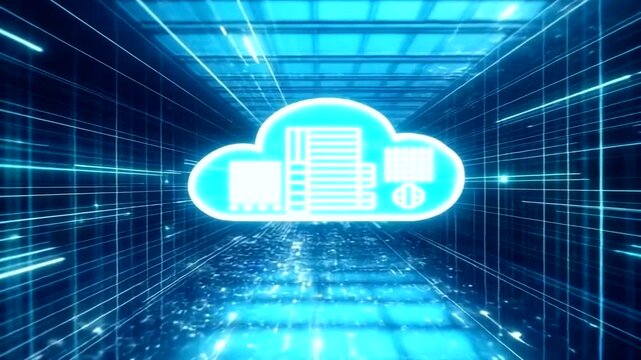 Cloud computing concept with server and database icons in a futuristic blue tunnel