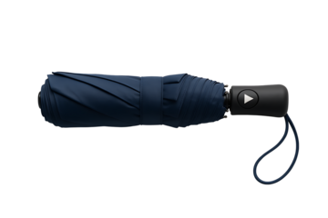 Closed travel umbrella with modern push button handle on black studio backdrop for weather gear advertising