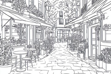 Fototapeta premium Parisian alleyway cafe; cobblestone street, flowers, outdoor seating, quiet morning, coloring page