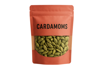 Cardamom pods packet, matte finish bag with bold typography, elegant spice branding mockup