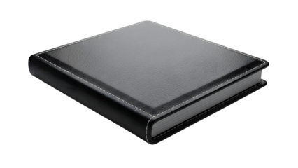 Detailed view of a black textured leather notebook with prominent white stitching