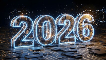 Glowing futuristic 2026 year number rendered as complex digital circuitry resting upon a dark motherboard symbolizing technological advancement and new beginnings