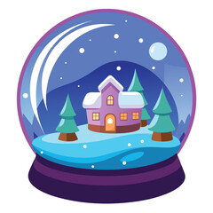 A charming winter scene inside a glass snow globe with a cozy house