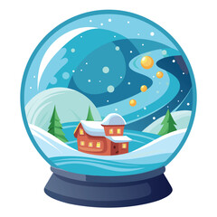 A cozy winter cabin nestled within a sparkling snow globe scene
