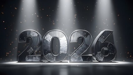 Year 2026 is dramatically presented in heavy industrial metal typography illuminated by bright spotlights against a dark gritty background suggesting strength and future.