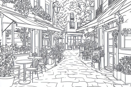 Parisian alleyway cafe; cobblestone street, flowers, outdoor seating, quiet morning, coloring page