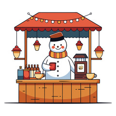 A charming snowman cheerfully serving warm drinks at a festive market stall