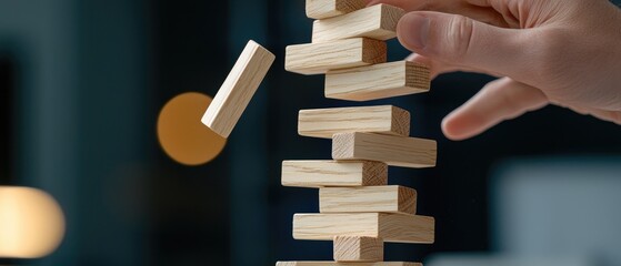 Stack of wooden blocks in a game of skill with a focused player at home in the evening