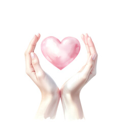 Fototapeta premium Nurturing Heart: Delicate hands tenderly cradle a softly glowing pink heart, symbolizing compassion, care, and the essence of love and giving.