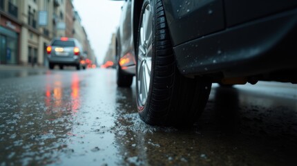 Car drive through rainy day in city streets, wet water dripping tire underside view from low angle 
