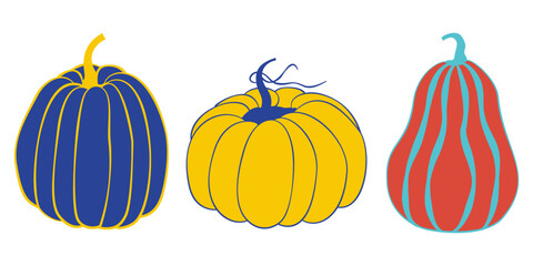 set of three pumpkins in bold contrasting colors with clean outlines, emphasizing an autumn harvest theme.