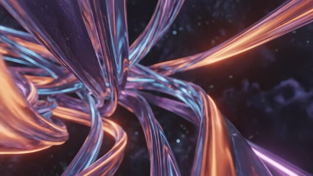 Abstract 3d render of glowing neon light fiber optic cable stream in dark space with bokeh effect