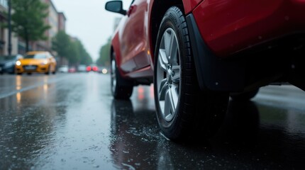 Car drive through rainy day in city streets, wet water dripping tire underside view from low angle 
